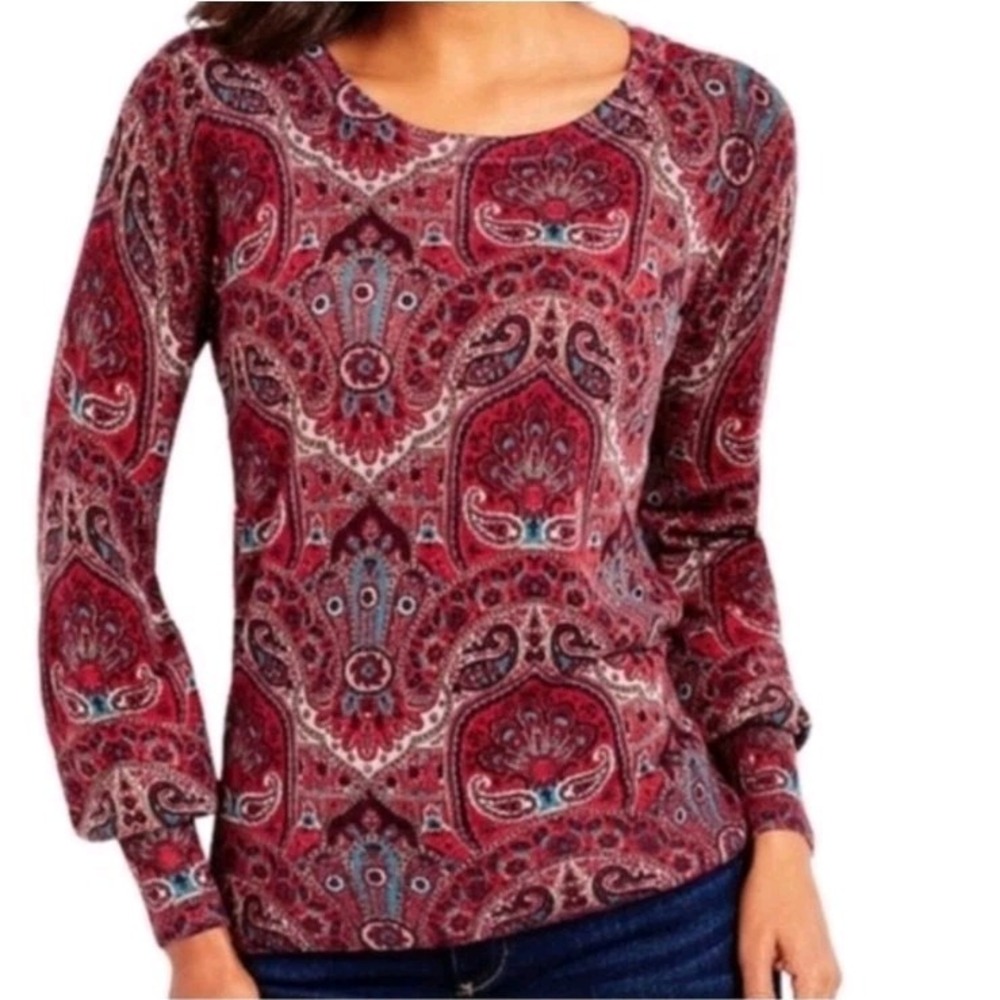 Talbots Burgundy Multicolor Paisley 100% Merino Wool Quiet Luxury Sweater Sz MP